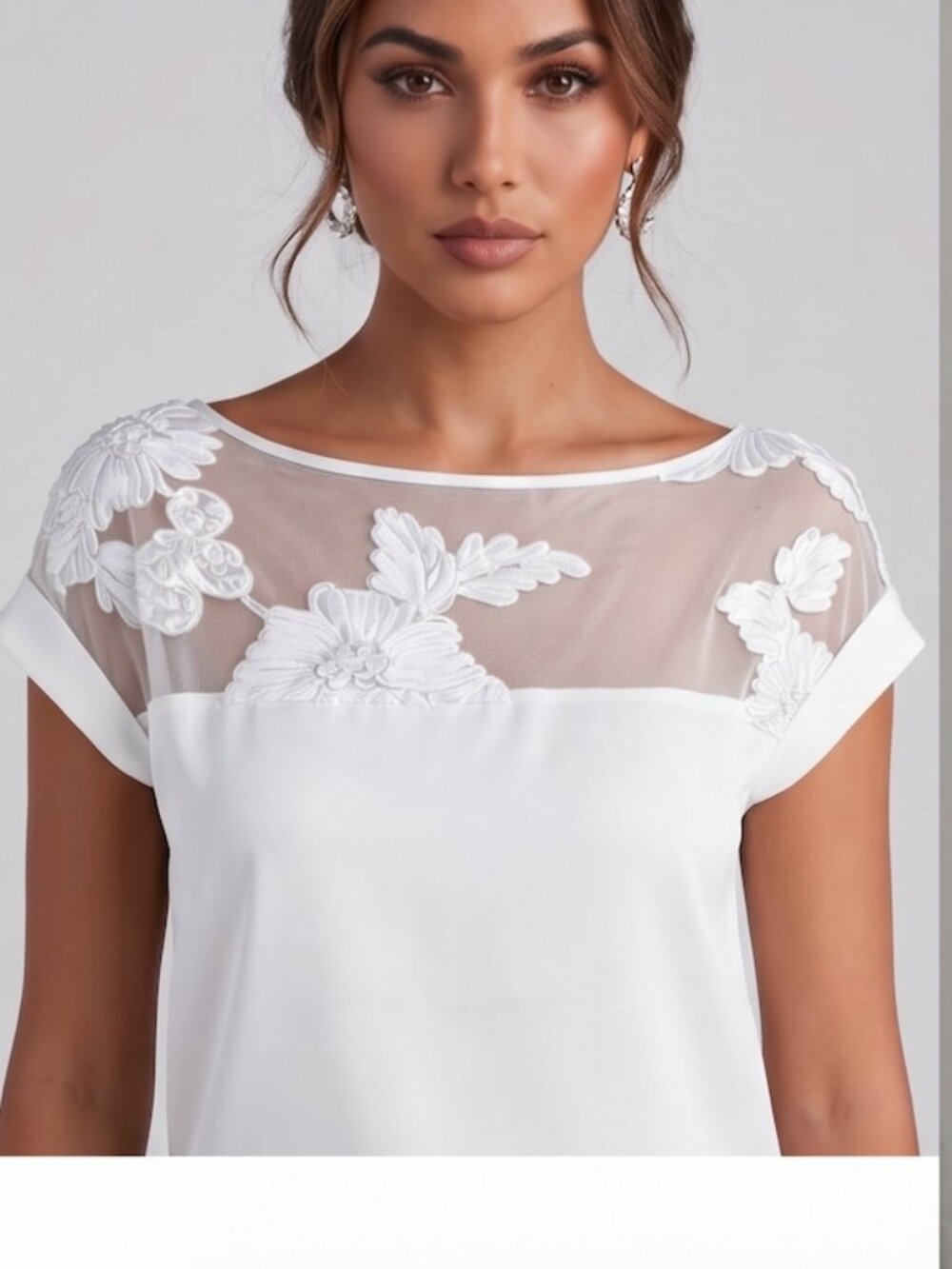 White Sheer Illusion Lace Yoke Blouse – Floral Appliqué Cap Sleeve Top
